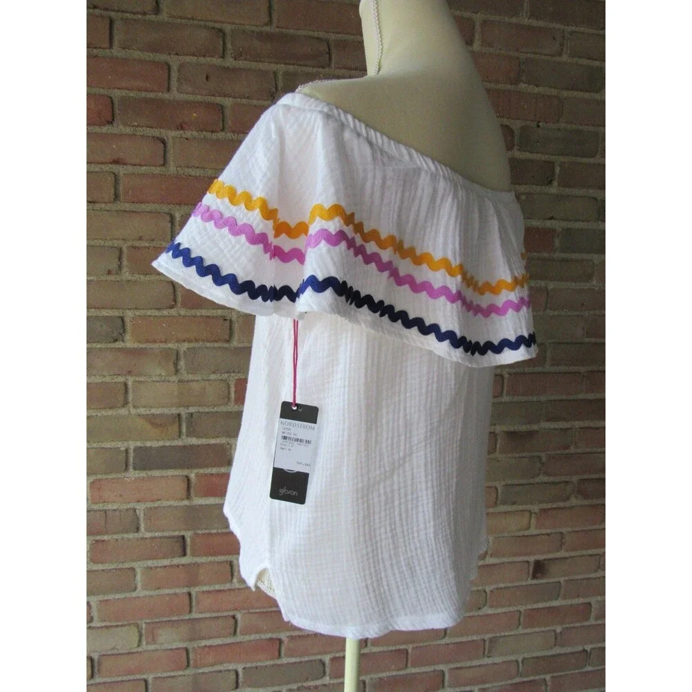 Off the Shoulder Top Womens L White Gibson x Hi Sugarplum! Santa Fe Rickrack
